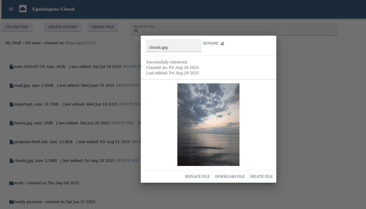 epokingine cloud, volume page, listing files and folders